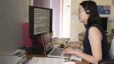 Music student using a laptop