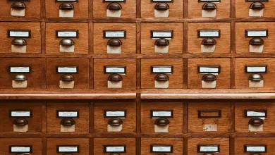 A block of wooden card catalogue drawers