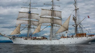 White three masts ship sailing near the shore