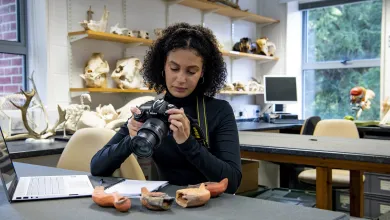 Archaeology student recording roman oil lamps in the lab
