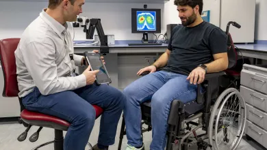 a researcher demonstrating the real-world impact of pressure sensing technology to a member of the group