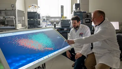 Two scientists observing blood test results on a screen. The results are colour coded in red and blue to show whether cancer is present or not.