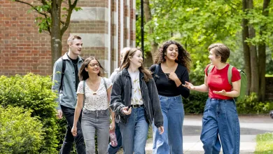 A group of students talking and walking along a path at Avenue campus. The trees are in full leaf and the sun is shining. 