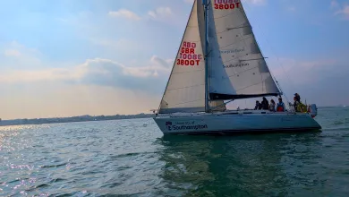 A yacht with 2 sails and a training crew sailing out on the water. The  sky has clouds and an orange eveningglowsky