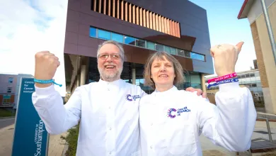 Profs Raimund Ober and Sally Ward outside the new CCI building.