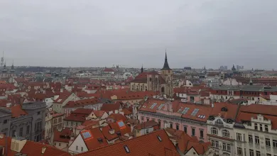 Looking out over the red rooftops and spires of Prague. 