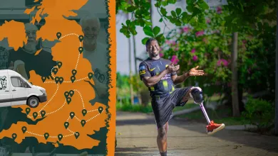 A collage showing a UK map with green location pins and a "STAND WE WALK TOGETHER" van on the left, and a smiling man with a prosthetic leg posing in a lush outdoor setting on the right.