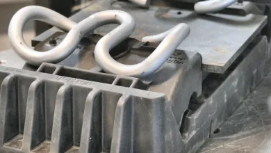Close-up of a laboratory test specimen mounted in equipment used for vibration and structural testing