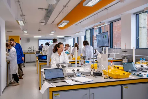 Group of students working in a bright, modern, vibrant chemistry laboratory. Students tend to a variety of equipment and glassware on the benches.