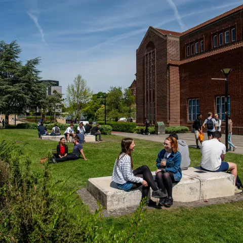 Students outside the library at Highfield campus.