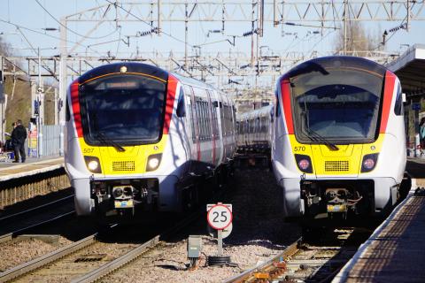A pair of Greater Anglia Class 720 'Aventra' trains at Colchester station