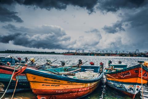 Colourful fishing boats tied up on the shore