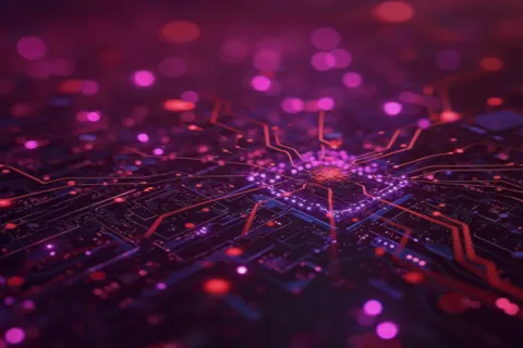 Gen-ai computer circuits and optics in moody purples and pinks