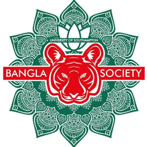 Red tiger face surrounded by green mandala patterns with "Bangla Society" text.