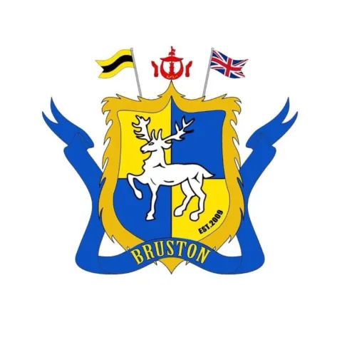 Coat of arms with a white stag, Brunei and UK flags, and text “Bruston” with “Est. 2009”.