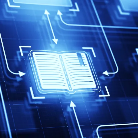 A digital illustration of an open book icon with arrows and folders on a blue grid background.