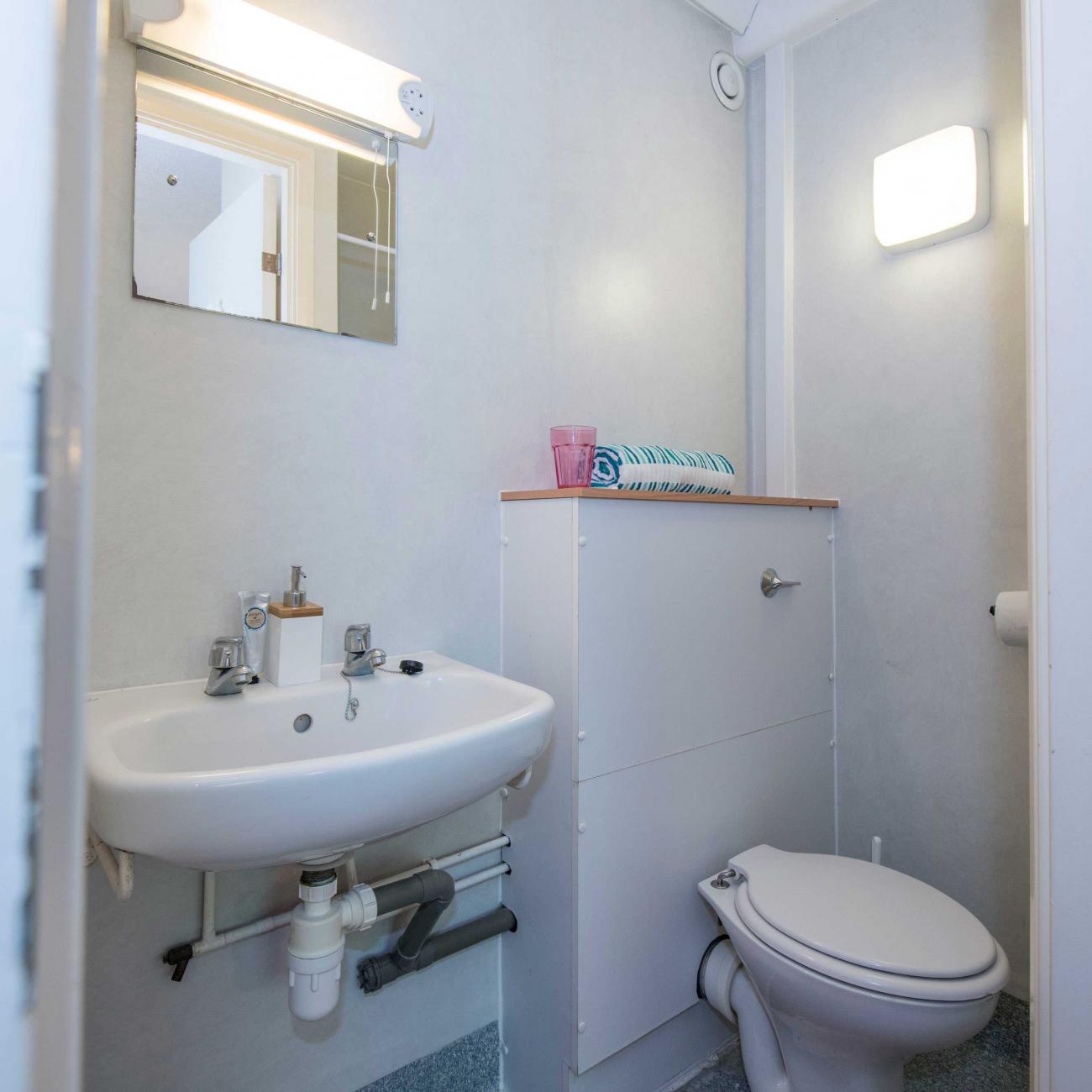 En-suite bathroom showing sink, toilet and shower.