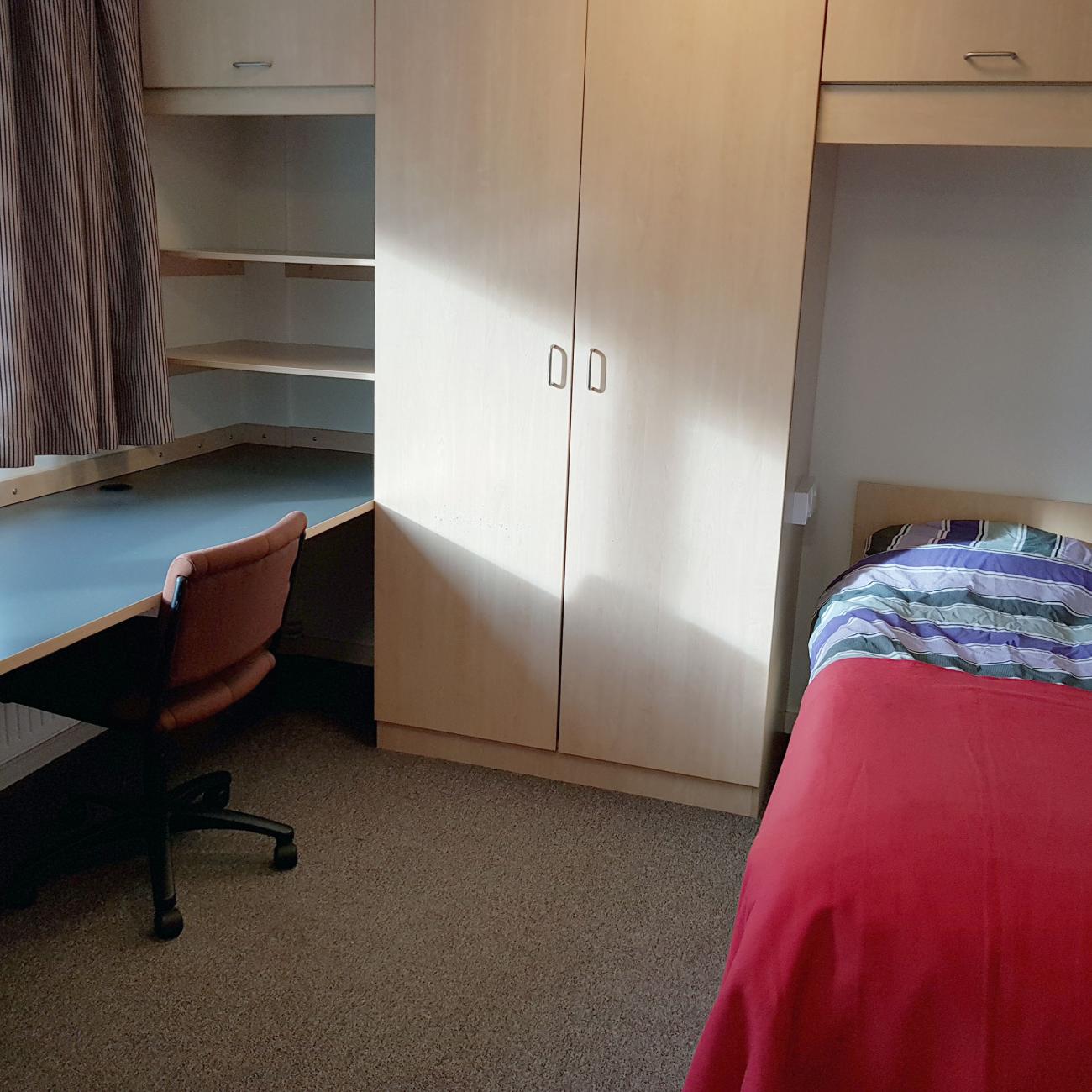 A student bedroom showing large double bed with red bed sheets, full height wooden wardrobes and cupboards, and a large desk. Light streams in through a large window.
