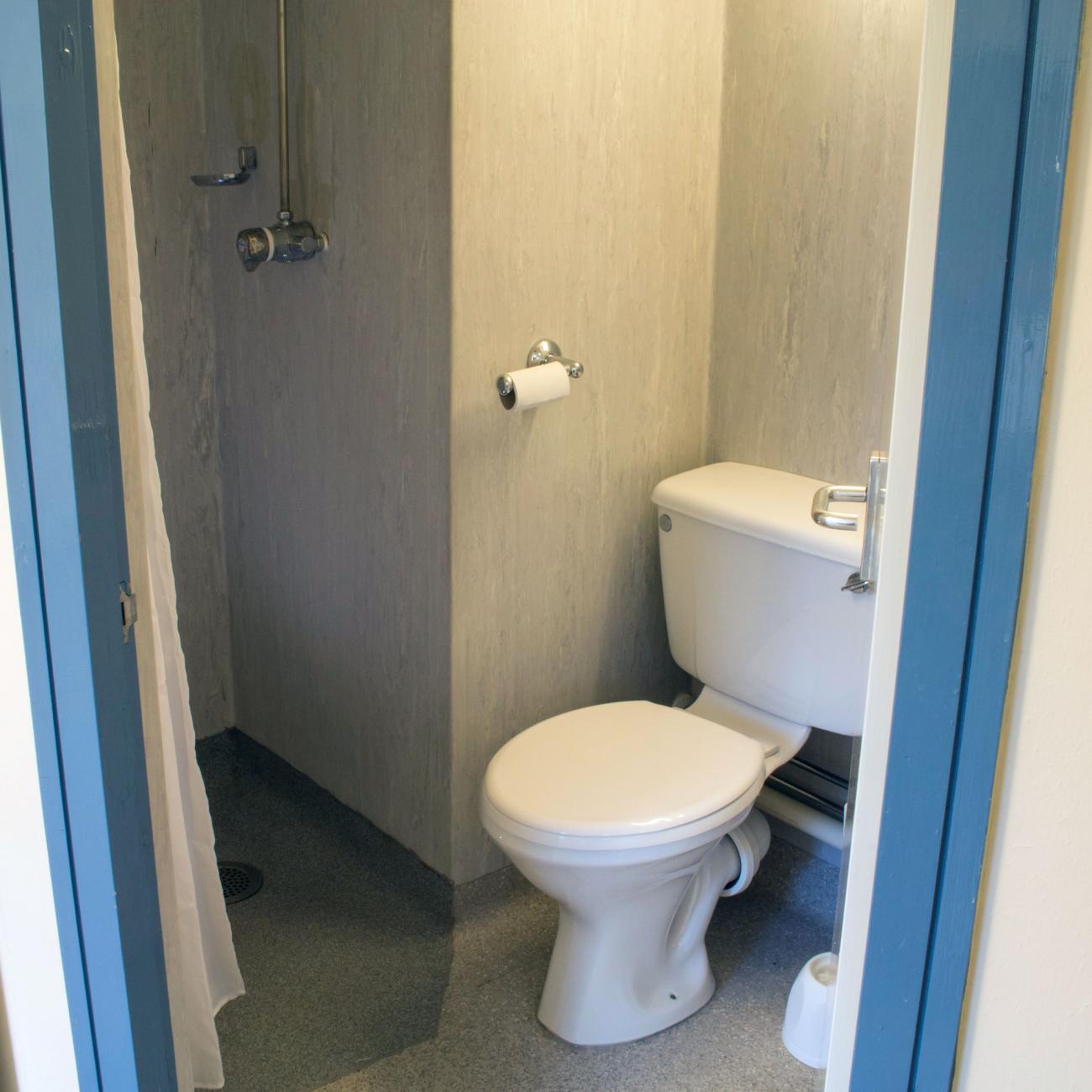A bathroom containing a white toilet and shower cubicle area.