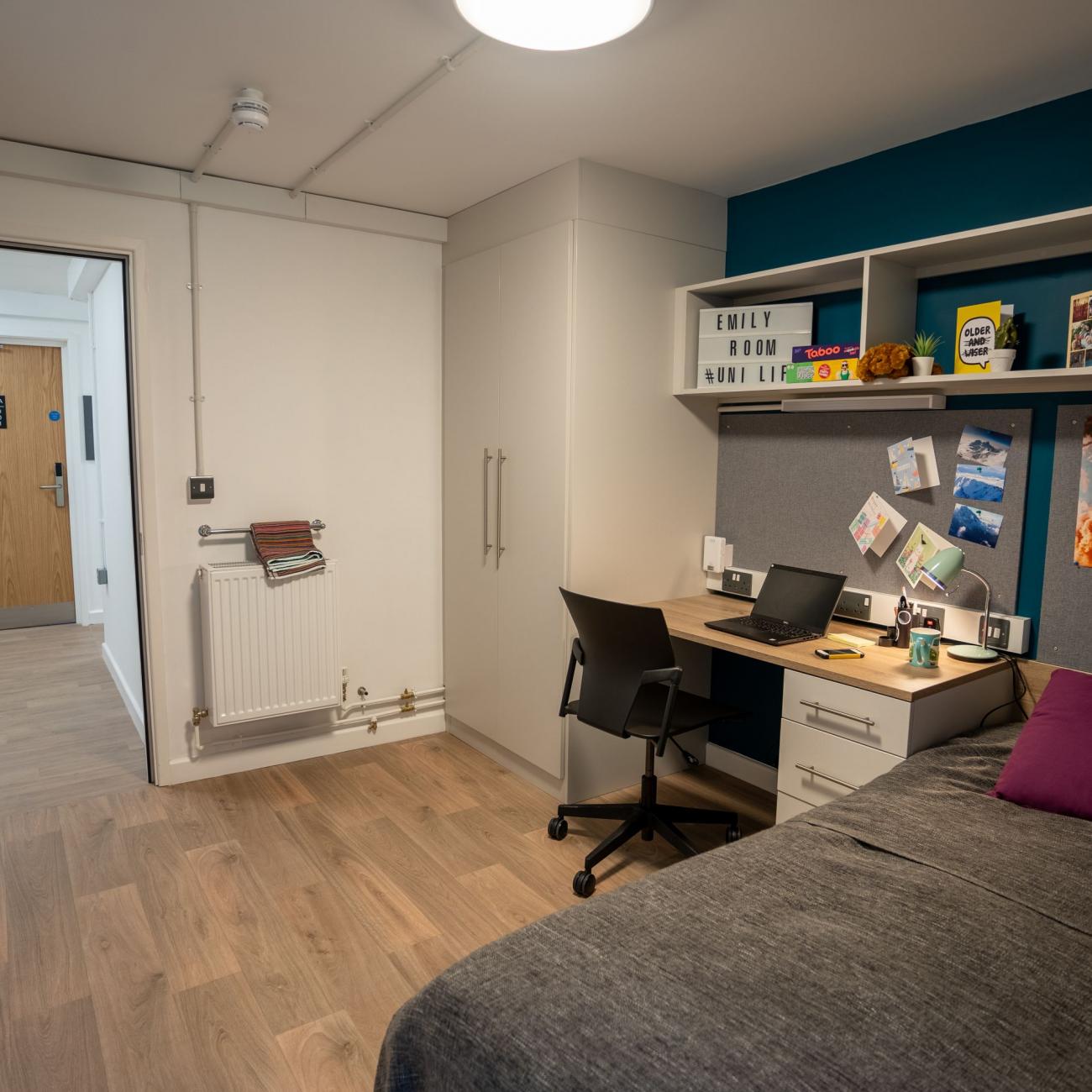 Student accommodation bedroom and hallway