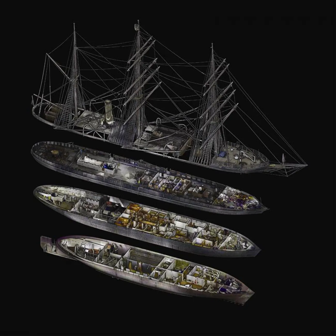 An exploded diagram of the RRS discovery showing the layout of each deck