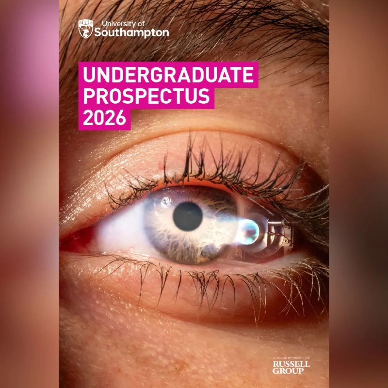 The cover of the University of Southampton's 2026 undergraduate prospectus. The main image is a close-up of an eye reflecting a jet propulsion rocket.