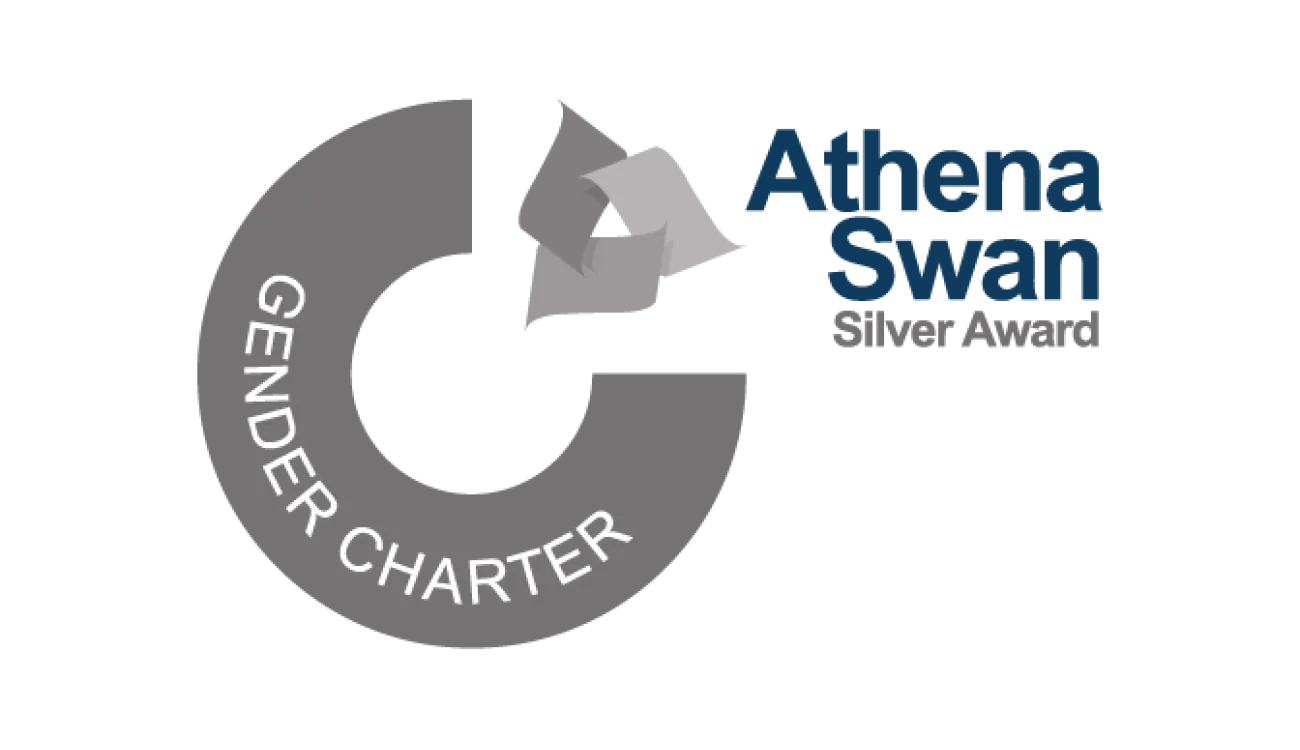 The Athena Swan Silver Award logo 2024-2025. The logo is part of a trey circle with the words "gender charter" on and to the right the words "Athena Swan Silver Award"