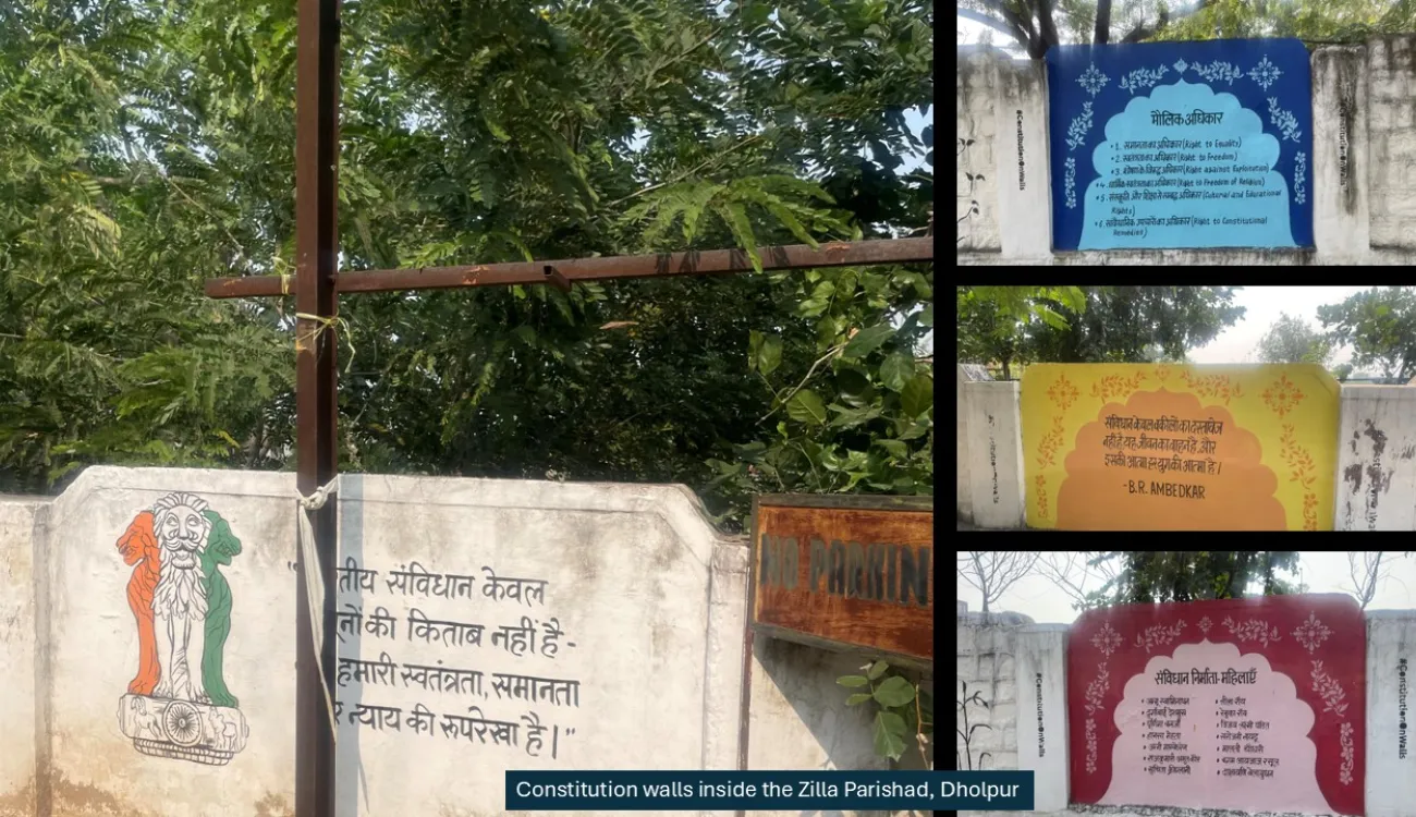 Collaged images of constitution walls inside the Zilla Parishad, Dholpur