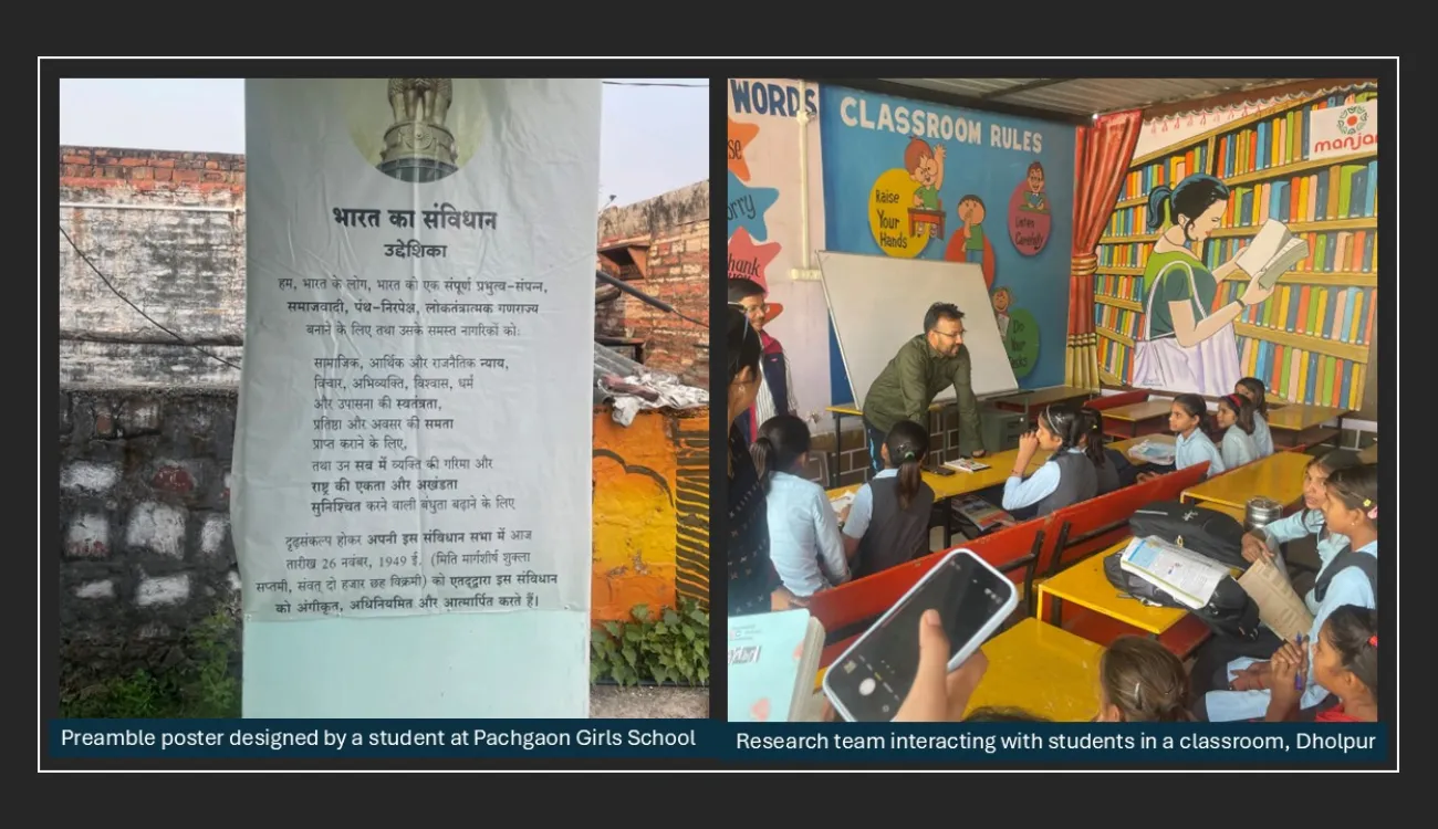 Collaged images: Preamble poster designed by a student at Pachgaon Girls School, Research team interacting with students in a classroom, Dholpur