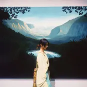 Jinghan is stood in front of a painting of a valley