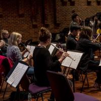 Music students playing strings and brass perform live in Turner Sims concert hall