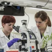 Two students studying samples underneath a microscope in a laboratory.