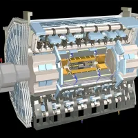 The ATLAS detector, the largest particle detector at the Large Hadron Collider (LHC), the world's largest atom smasher. 