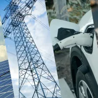 Image divided into four vertical sections, showing, left to right, solar panels, an electricity transmission tower, an electric vehicle charging, and an electronic circuit board.