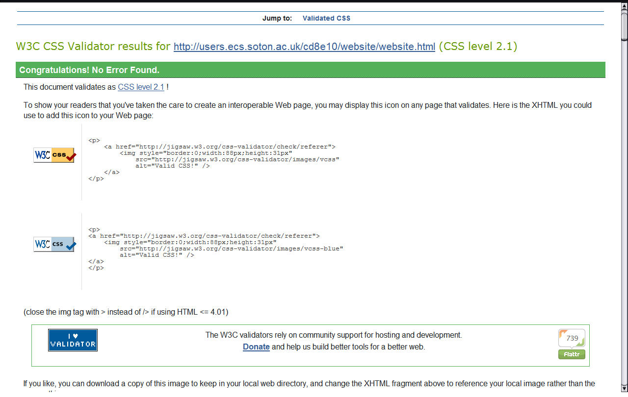 The result of CSS validation of this webs ite