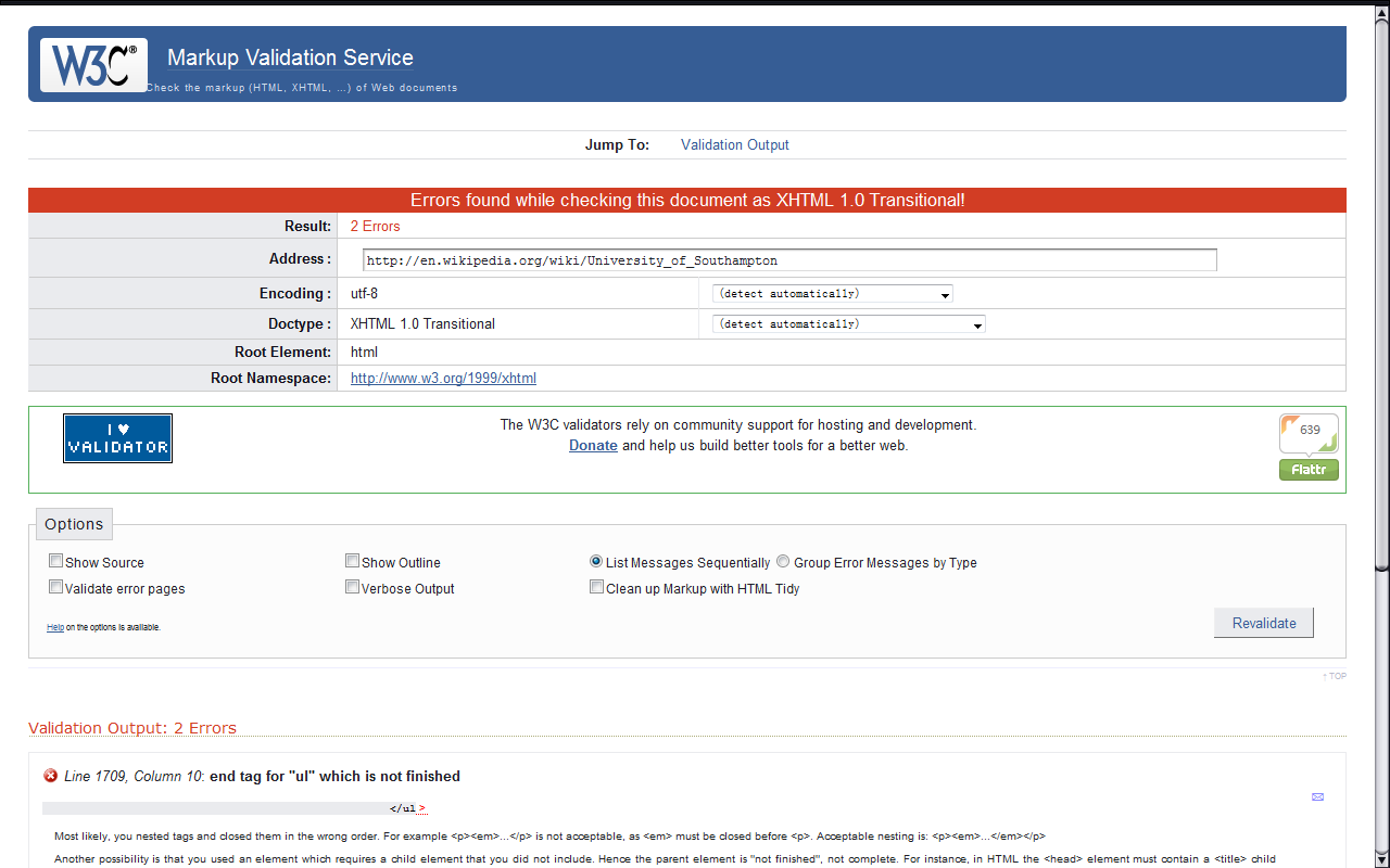 The result of XHTML validation of Wikipedia