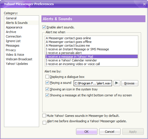 The sounds setting of Yahoo! Messenger 10