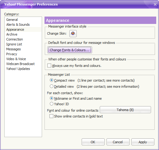 Font size and color setting of Yahoo! Messenger 10